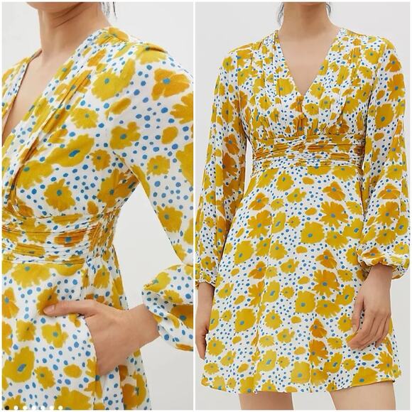 Anthropologie Vera Neumann Buttercup Yellow Floral Puff Sleeve Mini Dress Small - Picture 1 of 7